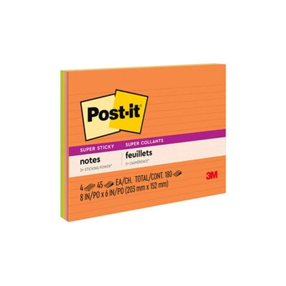 Post-it® Super Sticky Notes, 8in x 6in, Energy Boost Collection, Lined, 4 Pads/Pack, 45 Sheets/Pad