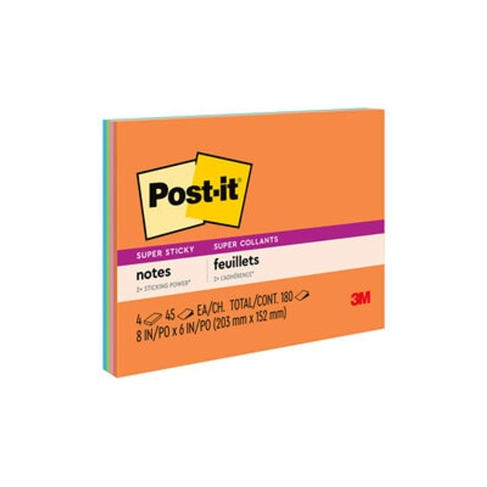 Post-it® Super Sticky Notes, 8 in x 6 in, Energy Boost Collection, 4 Pads/Pack, 45 Sheets/Pad