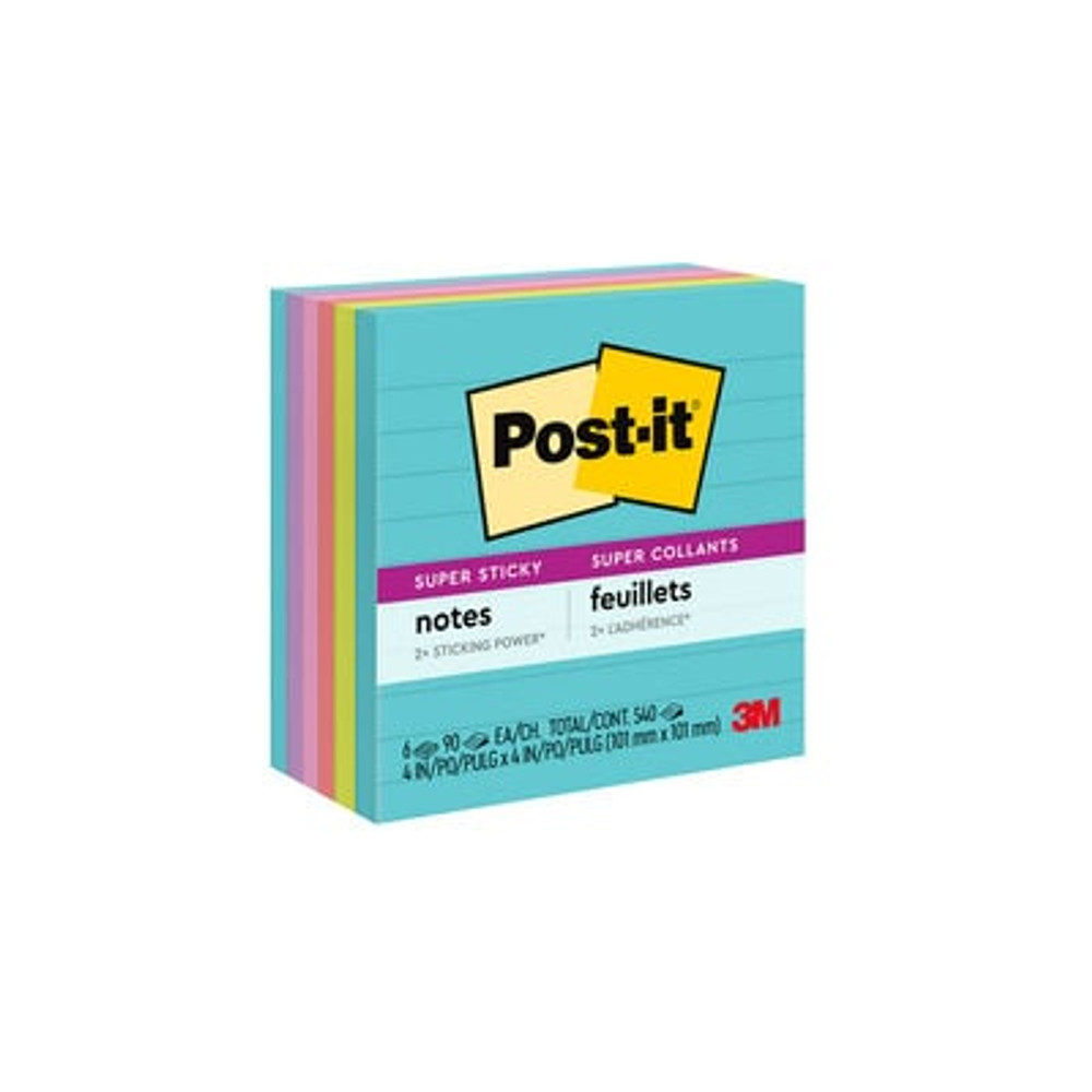 Post-it® Super Sticky Notes, 4 in. x 4 in., Supernova Neons, Lined, 6 Pads/Pack, 90 Sheets/Pad