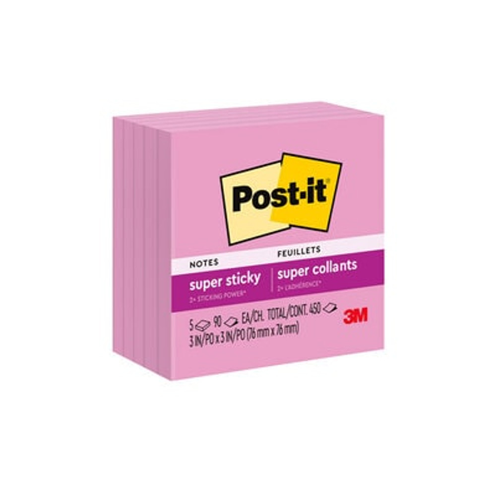 Post-it® Super Sticky Notes, 3 in x 3 in, Tropical Pink, 5 Pads/Pack, 90 Sheets/Pad
