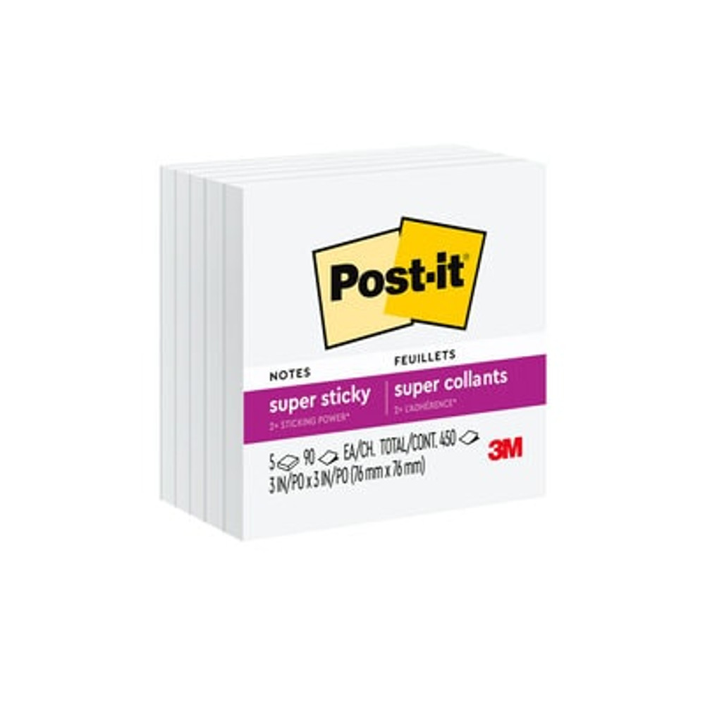 Post-it® Super Sticky Notes, 3 in x 3 in, Snow White, 5 Pads/Pack, 90 Sheets/Pad