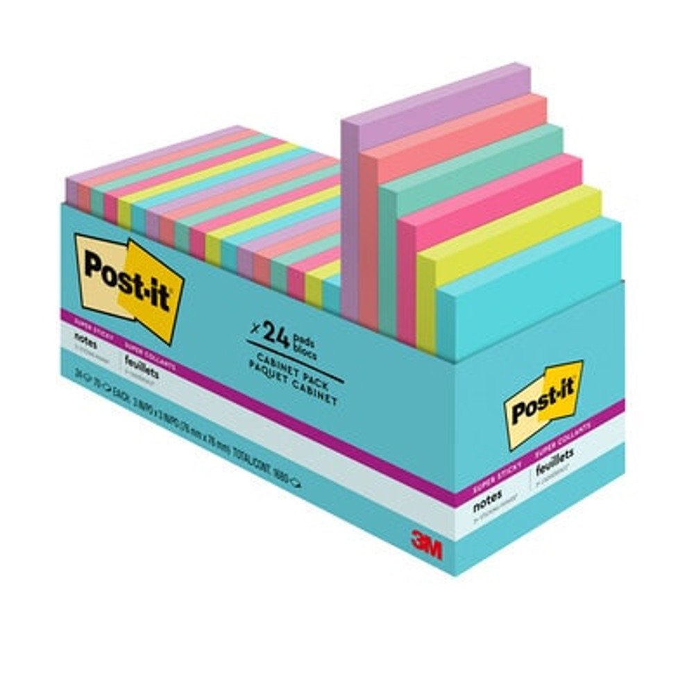 Post-it® Super Sticky Notes, 3 in. x 3 in., Supernova Neons, 24 Pads/Pack, 70 Sheets/Pad