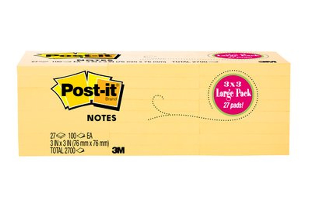 Post-it® Notes, Canary Yellow,  3 in x 3 in., 100 sheets/pad, 27 pads/pack,