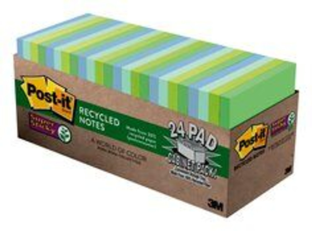 Post-it Super Sticky Recycled Notes 654-24SST-CP, 3 in x 3 in (76 mm x76 mm) Bora Bora Collection 91141