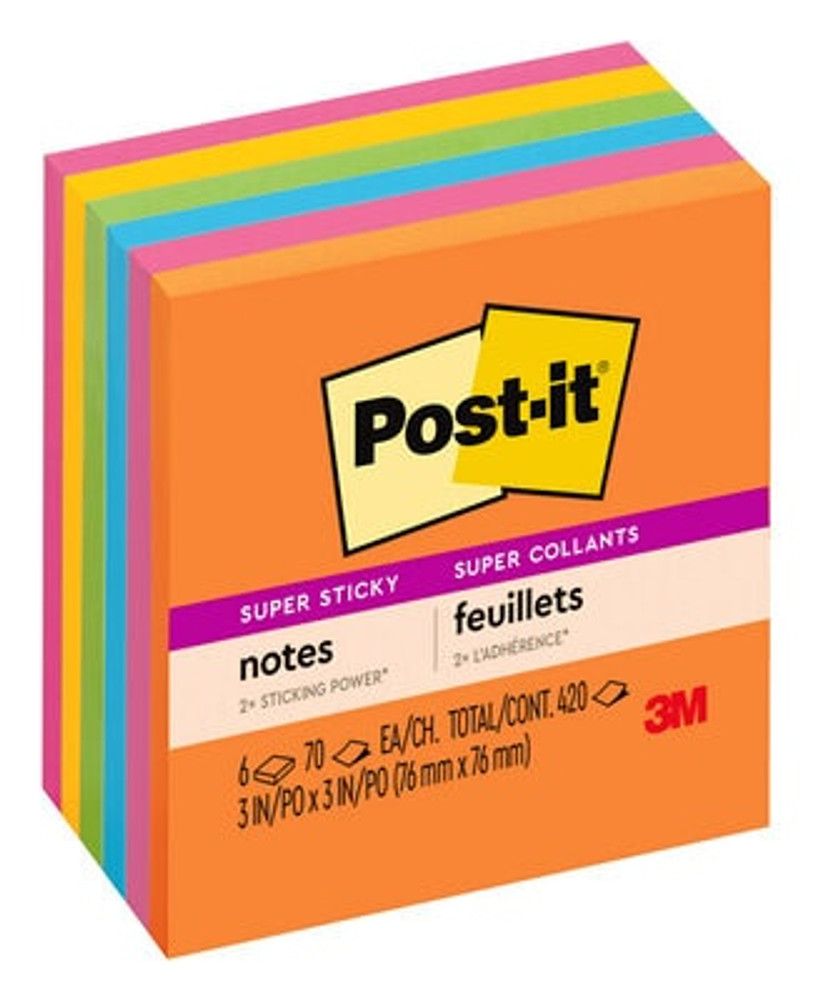 Post-it(R) Super Sticky Notes 654-6SSAU, 3 in x 3 in (76 mm x 76 mm)