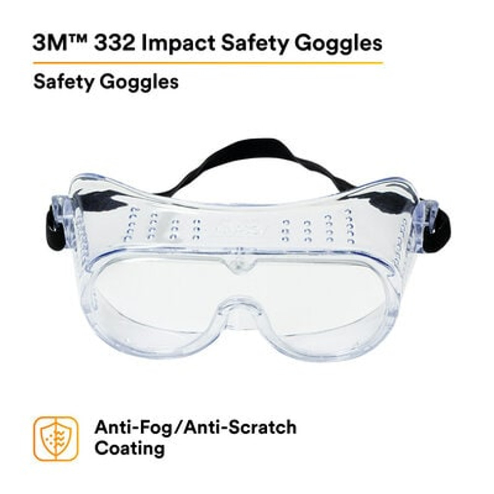 3M 332 Impact Safety Goggles Anti-Fog 40651-00000-10, Clear Anti FogLens, 10 EA/Case 62138