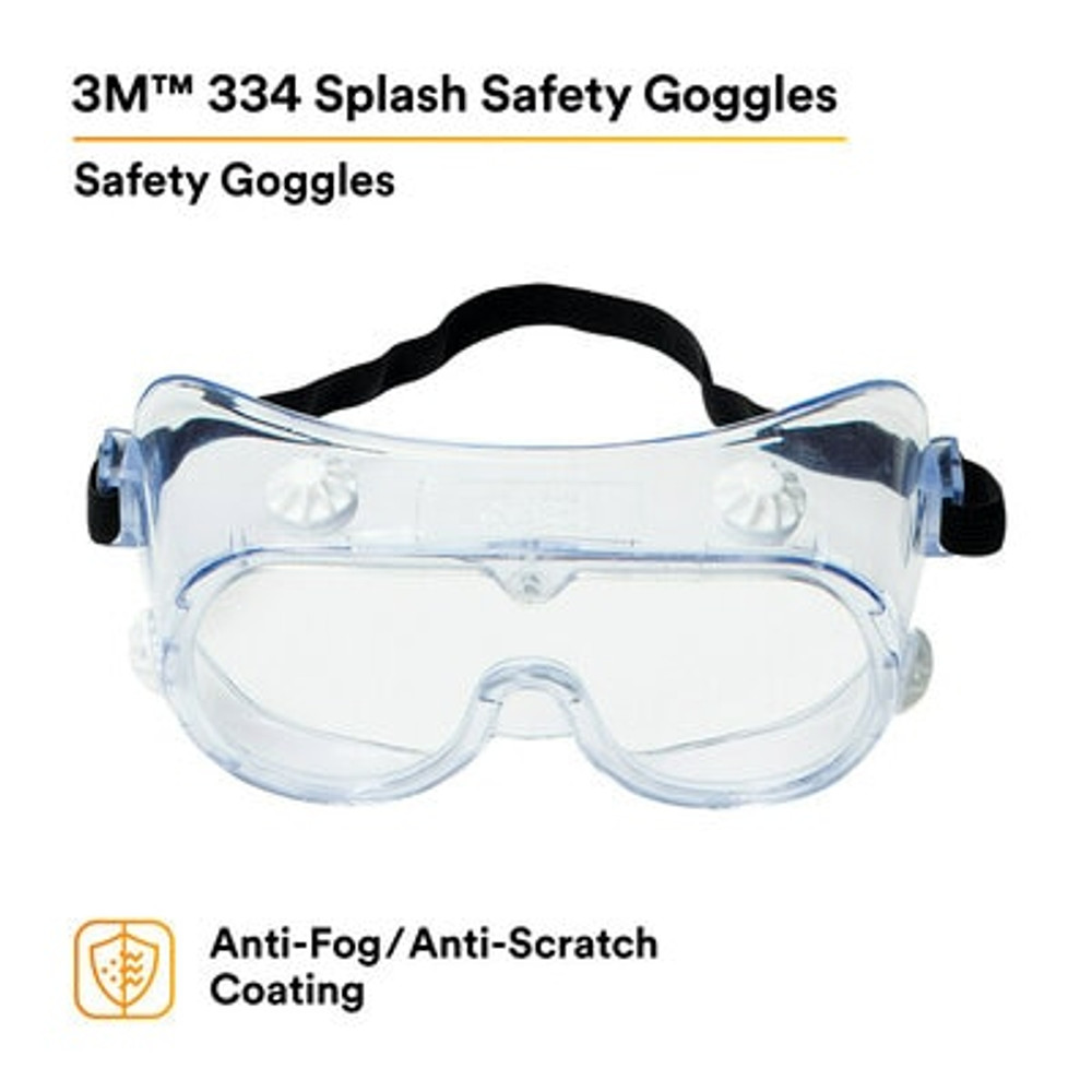 3M 334 Splash Safety Goggles Anti-Fog 40661-00000-10, Clear Anti FogLens, 10 EA/Case 62140