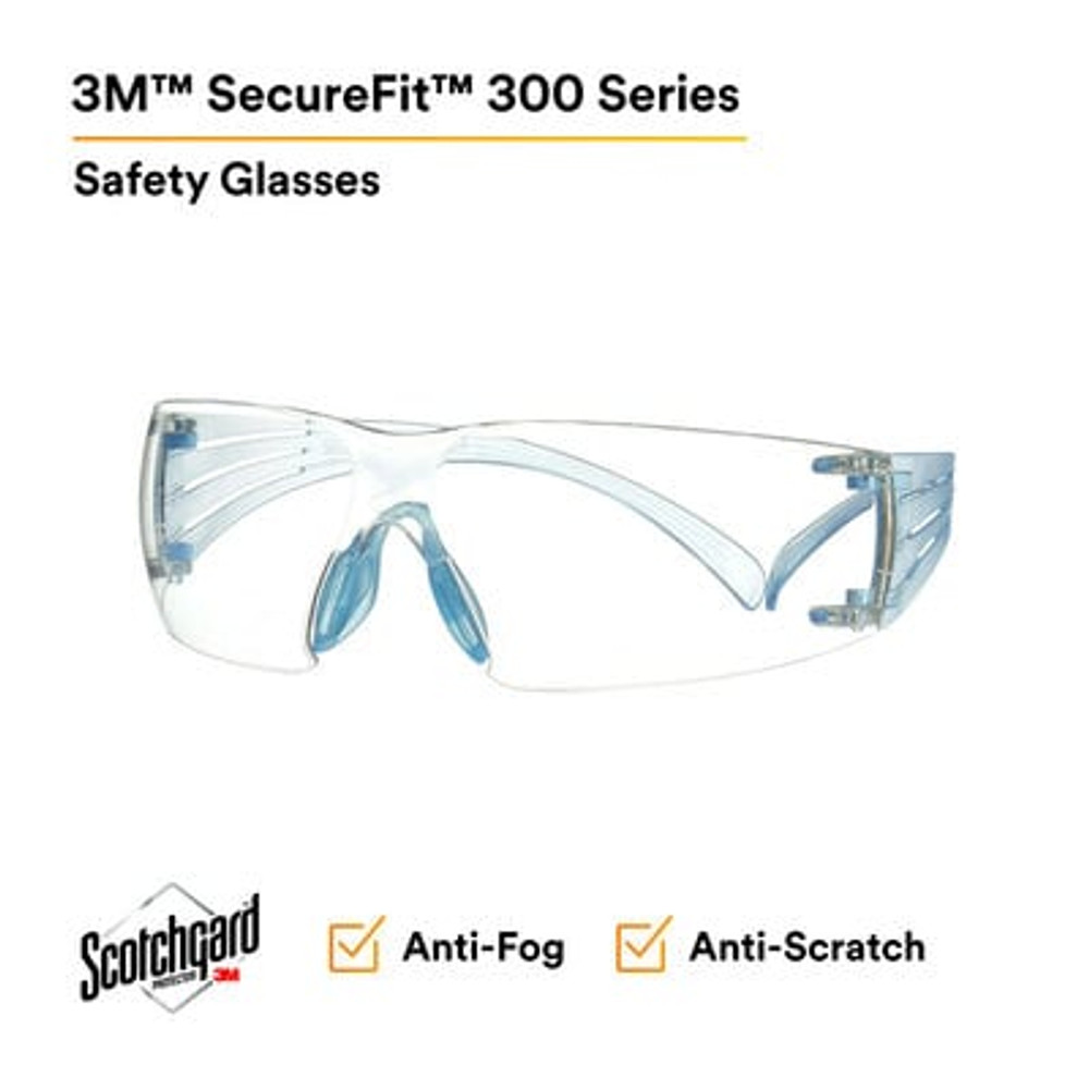 3M SecureFit 300 Series, SF301SGAF-LBL, Ice Blue Temples, ScotchgardAnti-fog Coating, Clear AF-AS lens, 20 ea/Case 27879