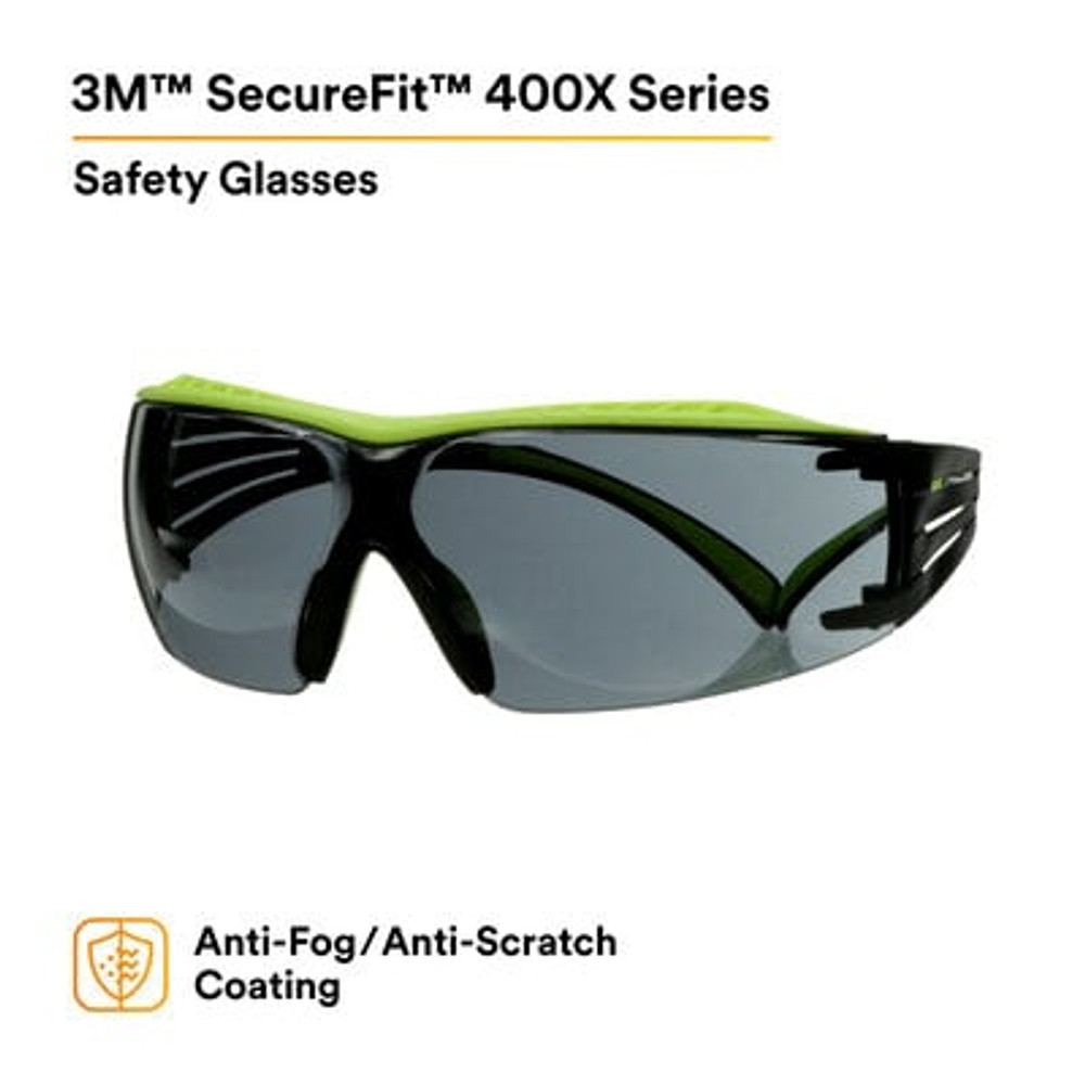 3M SecureFit 400 Series Safety Glasses SF402XAF-GRN, Green/Black, GrayAnti-Fog/Anti-Scratch Lens, 20 EA/Case 27847