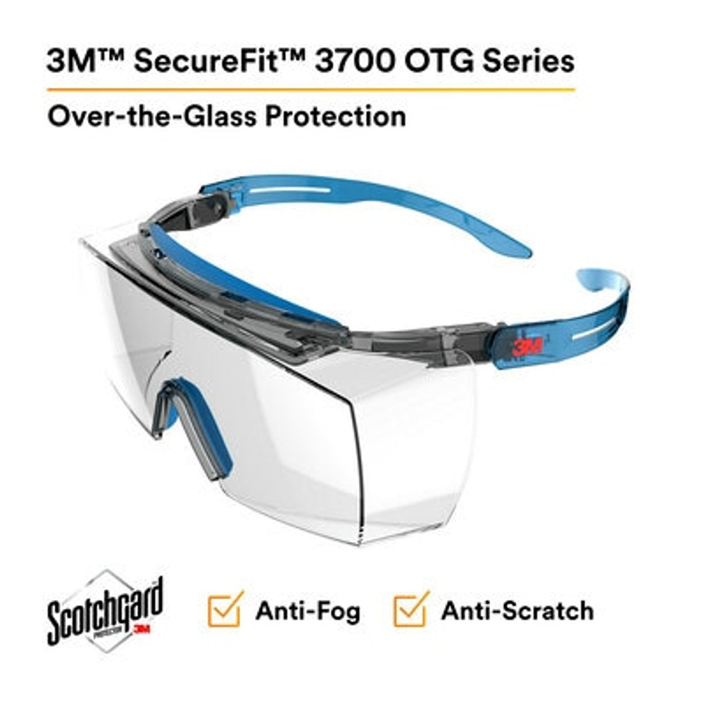 3M SecureFit 3700 Series, SF3701XSGAF-BLU, Blue Temple, Browguard, Scotchgard Anti-Fog Coating, Clear OTG AF-AS lens, 10ea/cs 27906