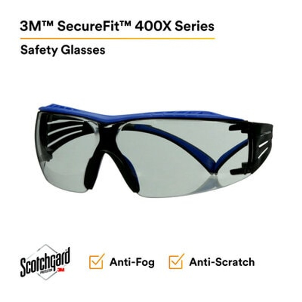 3M SecureFit 400 Series Safety Glasses SF407XSGAF-BLU, BLU/GRY, I/O GRY Scotchgard Anti-Fog/Anti-Scratch Lens, 20 ea/Case 27851