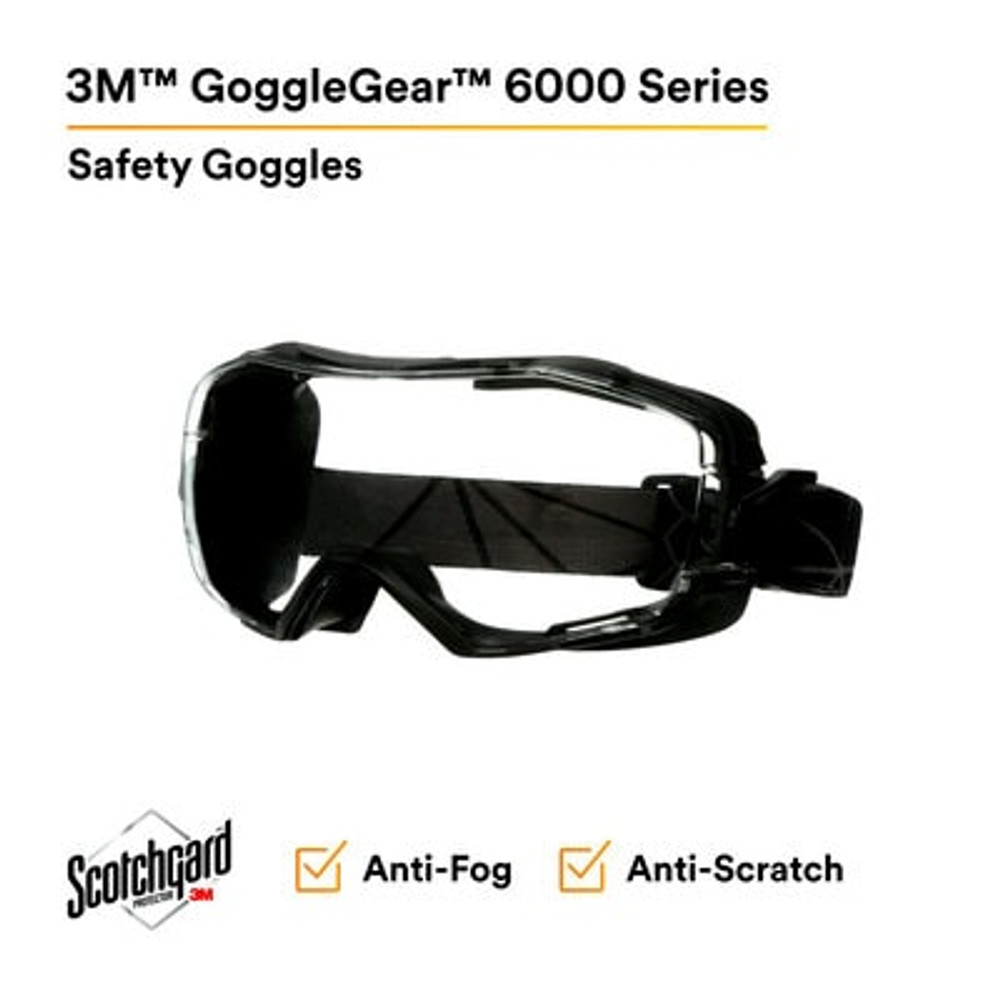 3M GoggleGear 6000 Series, GG6001SGAF-BLK, Black Shroud, Scotchgard Anti-Fog Coating, Clear AF-AS lens, 10ea/cs 27898