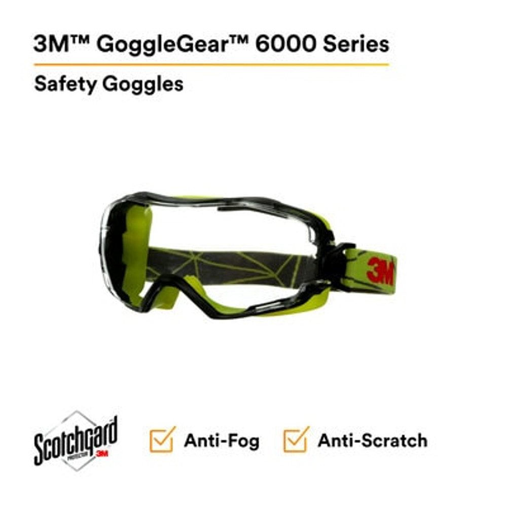 3M GoggleGear 6000 Series, GG6001SGAF-GRN, Green Shroud, Scotchgard Anti-Fog Coating, Clear AF-AS lens, 10ea/cs 27891