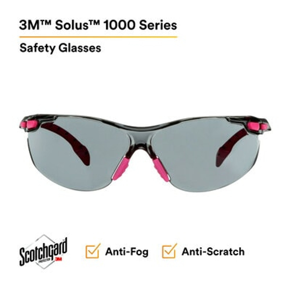 3M Solus 1000-Series Safety Glasses S1402SGAF, Pink/Black, GrayScotchgard Anti-fog Lens, 20 EA/Case 27444