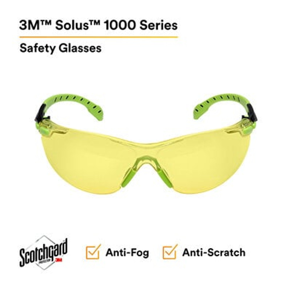 3M Solus 1000-Series Safety Glasses S1203SGAF, Green/Black, AmberScotchgard Anti-Fog Lens, 20 EA/Case 27184
