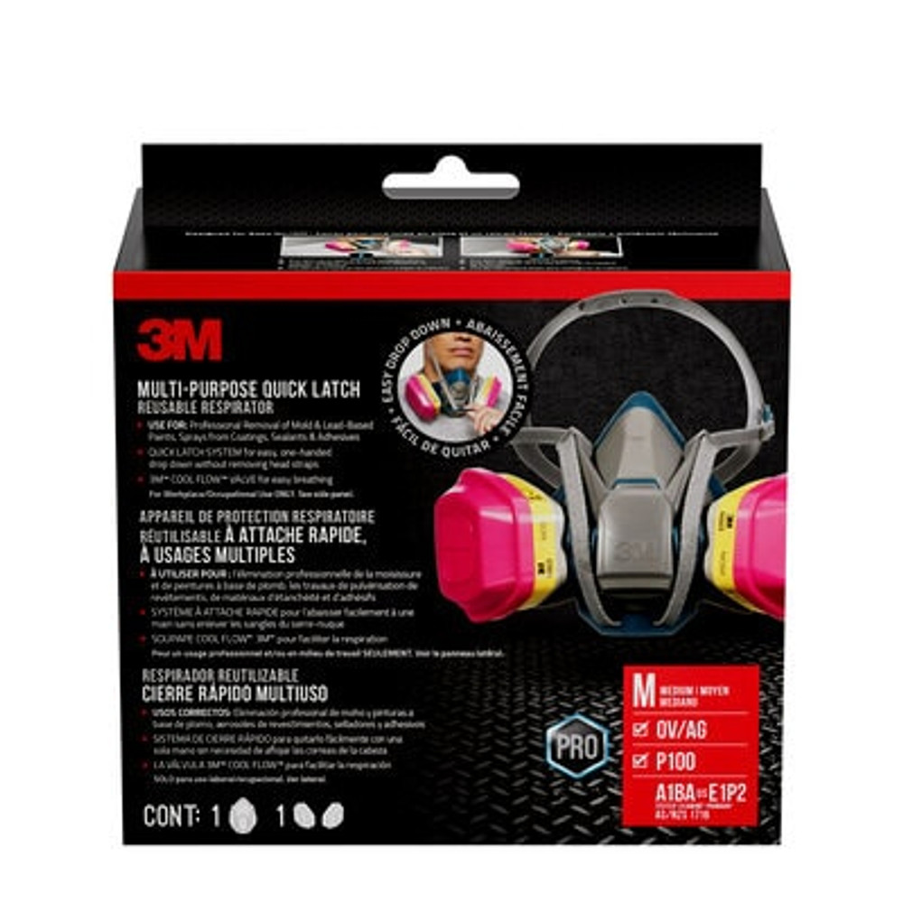 3M Multi-Purpose Quick Latch Reusable Respirator 65023QL, OV/AG/P100, Medium