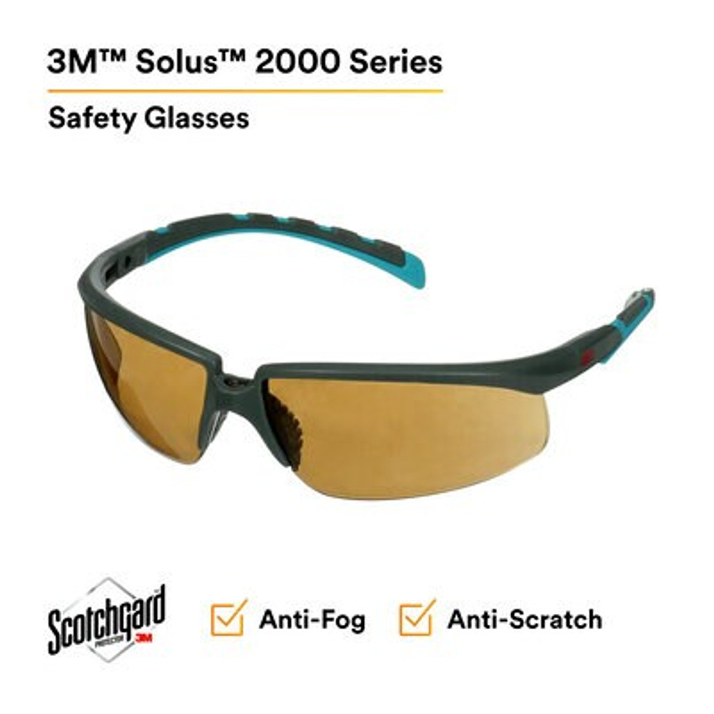 3M Solus 2000 Series, S2005SGAF-BGR, Gray/Blue-Green Temples,Scotchgard Anti-Fog Coating, Brown AF-AS lens, 20ea/cs 42875