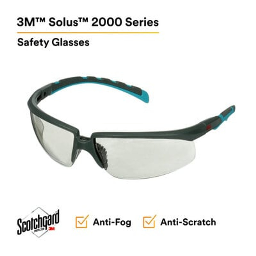 3M Solus 2000 Series, S2007SGAF-BGR, Gray/Blue-Green Temples,Scotchgard Anti-Fog Coating, I/O Gray AF-AS lens, 20ea/cs 42877