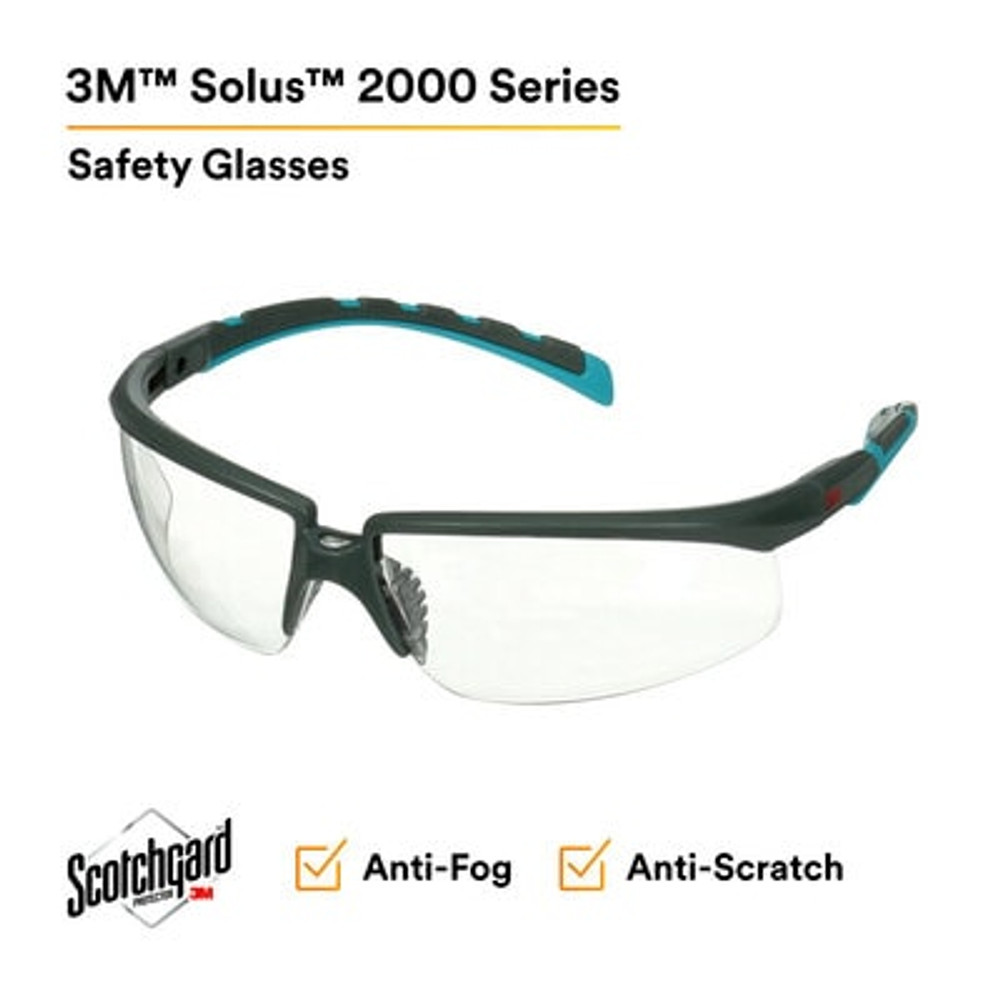 3M Solus 2000 Series, S2001SGAF-BGR, Gray/Blue-Green Temples,Scotchgard Anti-Fog Coating, Clear AF-AS lens, 20ea/cs 42872