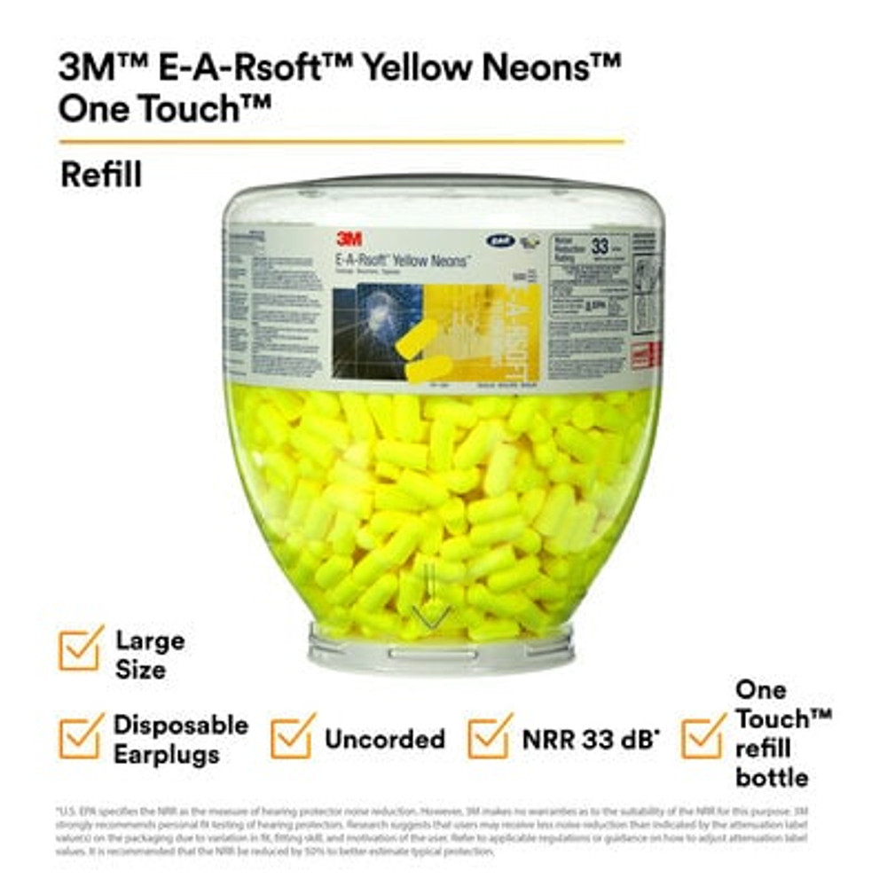 3M E-A-Rsoft Yellow Neons Earplugs 391-1005, Uncorded, in One Touch Dispenser Refill Bottle, Large Size, 1600 Pair/Case 91005