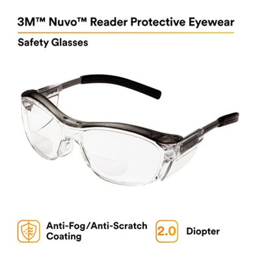 3M Nuvo Reader Protective Eyewear 11435-00000-20 Clear Lens, GrayFrame, +2.0 Diopter 20 EA/Case 62063