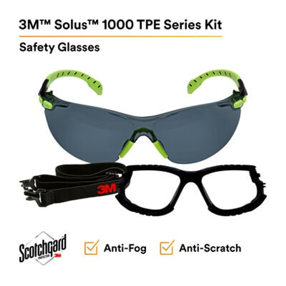 3M Solus 1000-Series S1202SGAF-KT Foam Strap, Green/Black, GreyScotchgard Anti-fog Lens, 20 EA/Case 27573