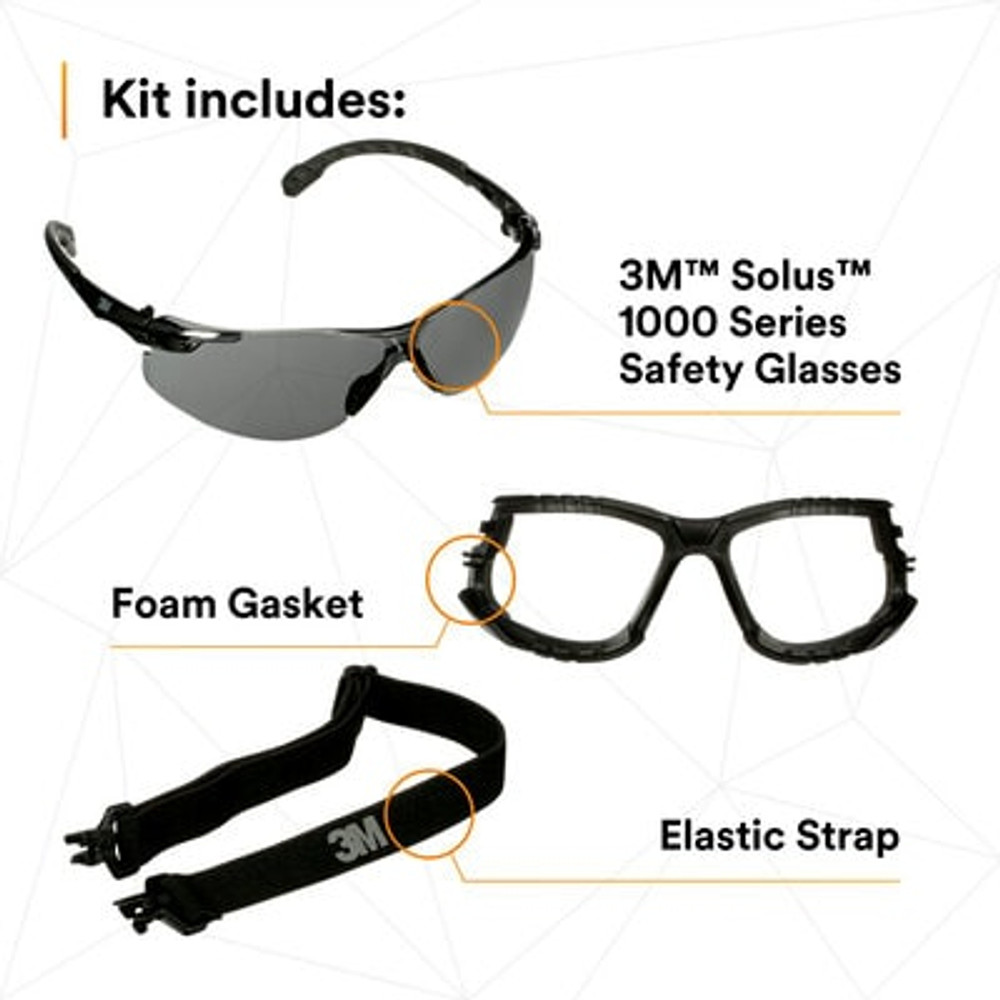 3M Solus 1000 Series, S1502SGAF-KT, Blk Temples, Scotchgard Anti-Fog Coating, Gray AF-AS lens, Foam/Strap, 20 ea/Case 42945