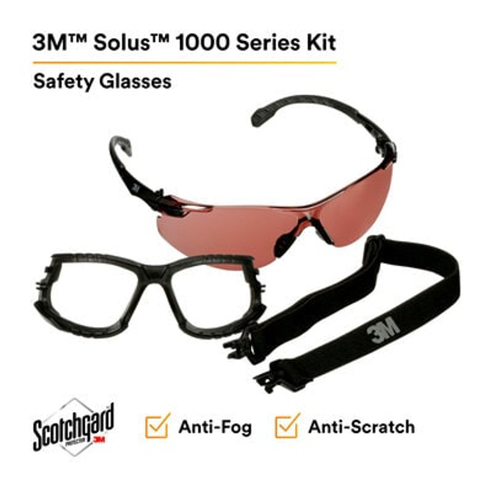 3M Solus 1000 Series, S1523SGAF-KT, Blk Temples, Scotchgard Anti-Fog Coating, VM AF-AS lens, Foam/Strap, 20 ea/Case 42947