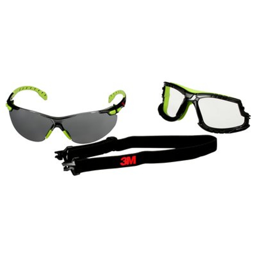 3M Solus 1000 Series S1202SGAF-TKT, Grn/Blk, Scotchgard Anti-Fog Coating, Gray AF-AS lens, TPE/Strap, 20 ea/Case