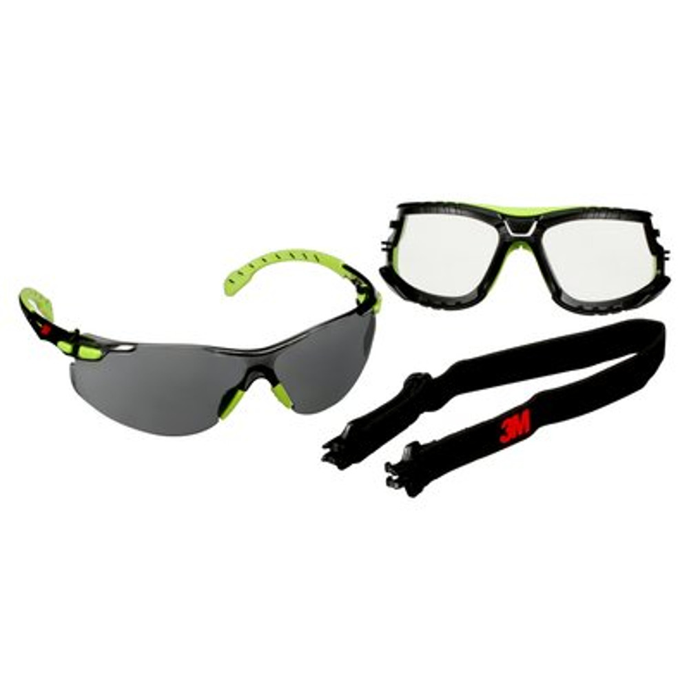 3M Solus 1000 Series S1202SGAF-TKT, Grn/Blk, Scotchgard Anti-Fog Coating, Gray AF-AS lens, TPE/Strap, 20 ea/Case