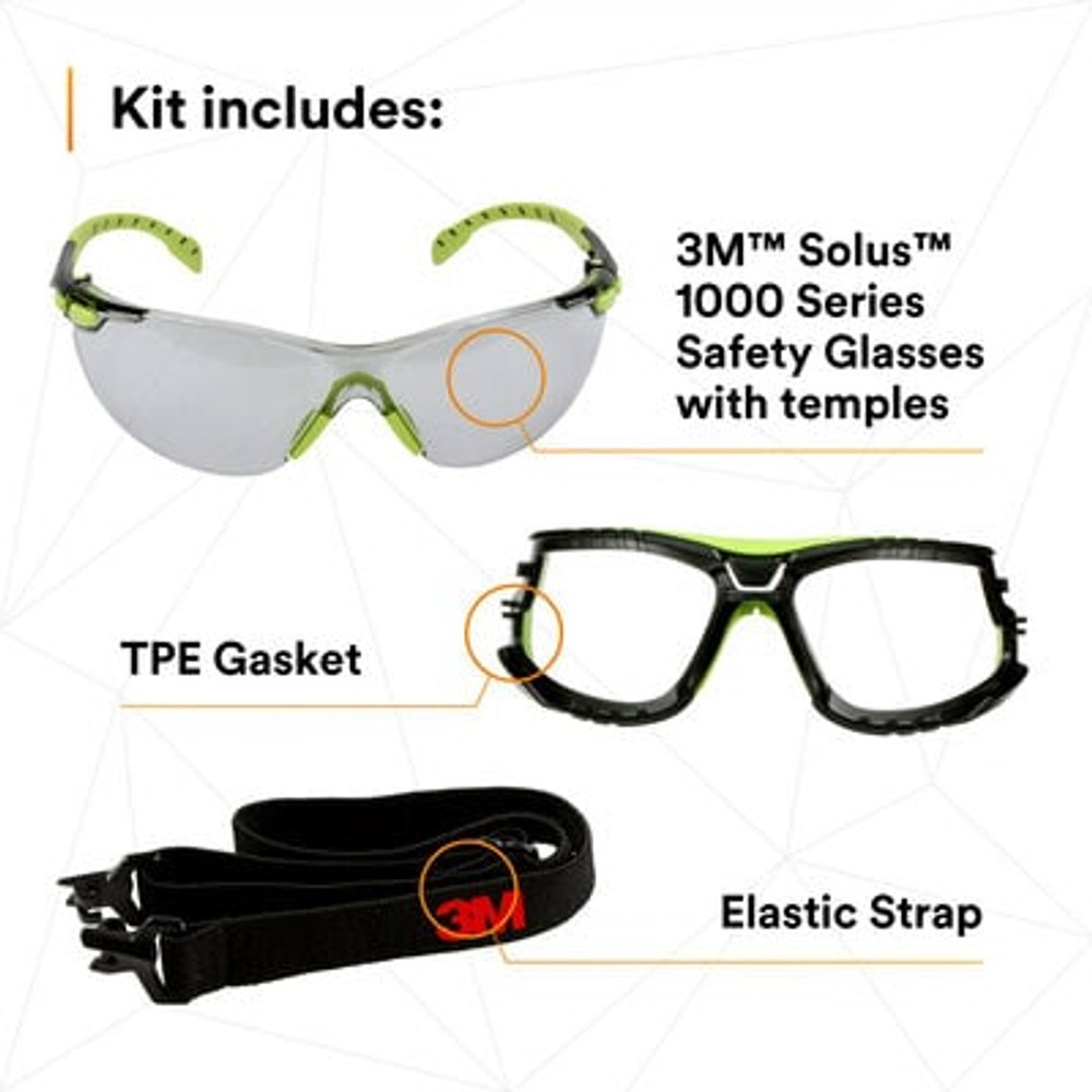 3M Solus 1000 Series S1207SGAF-TKT, Grn/Blk, Scotchgard Anti-Fog Coating, IO Gray AF-AS lens, TPE/Strap, 20 ea/Case 42966