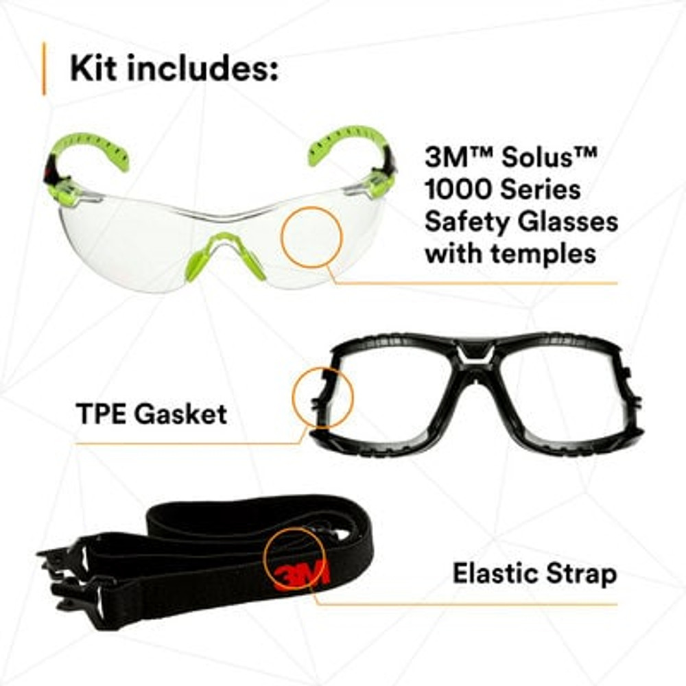 3M Solus 1000 Series S1201SGAF-TKT, Grn/Blk, Scotchgard Anti-Fog Coating, Clear AF-AS Lens, TPE/Strap, 20 ea/Case 42926