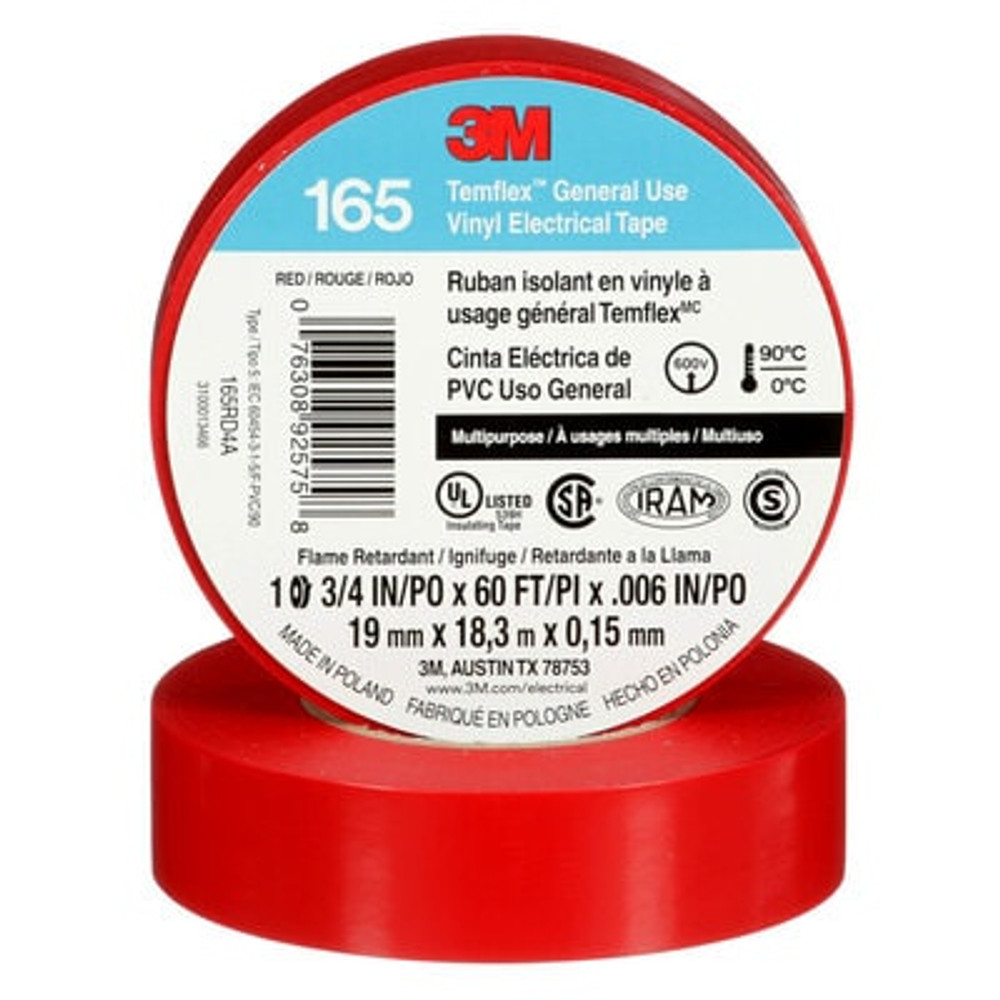 3M Temflex Vinyl Electrical Tape 165, Red, 3/4 in x 60 ft (19 mm x 18m), 6 mil, 100 Rolls/Case