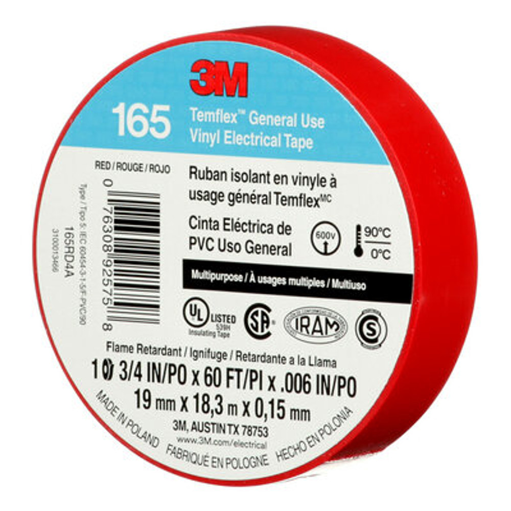 3M Temflex Vinyl Electrical Tape 165, Red, 3/4 in x 60 ft (19 mm x 18 m), 6 mil, 100 Rolls/Case 92575