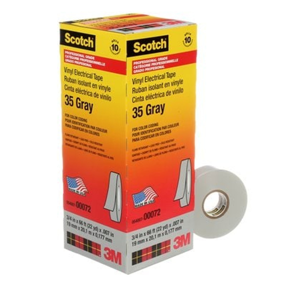 Scotch Vinyl Color Coding Electrical Tape 35, 3/4 in x 66 ft, Gray, 10rolls/carton, 100 rolls/Case 72