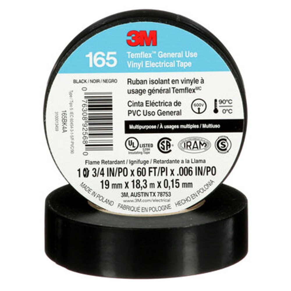 3M Temflex Vinyl Electrical Tape 165, Black, 3/4 in x 60 ft (19 mm x18 m), 6 mil, 100 Rolls/Case