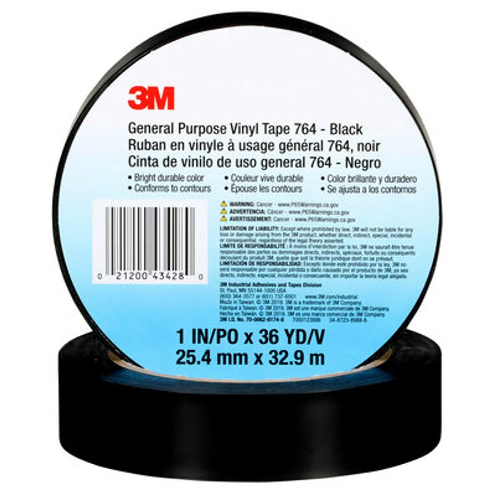 3M General Purpose Vinyl Tape 764, Black, 1 in x 36 yd, 5 mil, 36 Roll/Case