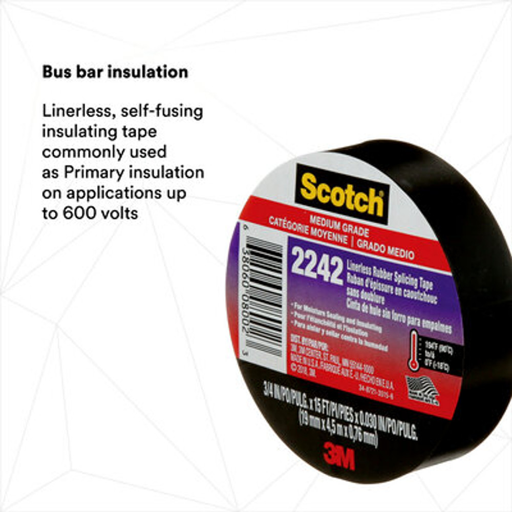 3M Linerless Electrical Rubber Tape 2242, 3/4 in x 15 ft, 1 in core,
Black, 1 roll/carton, 24 rolls/case