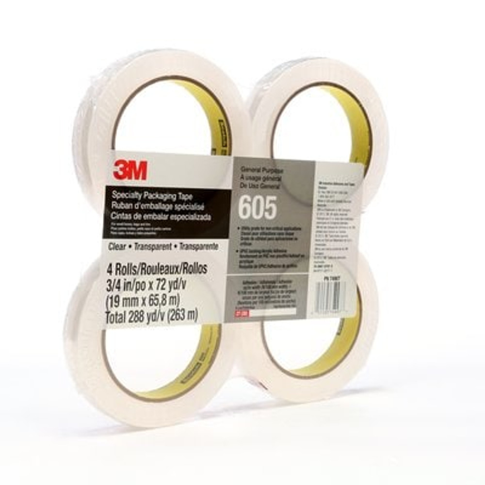 Scotch Light Duty Packaging Tape 605, Clear, Cold Temperature, 3/8 in x
72 yd, 96/Case