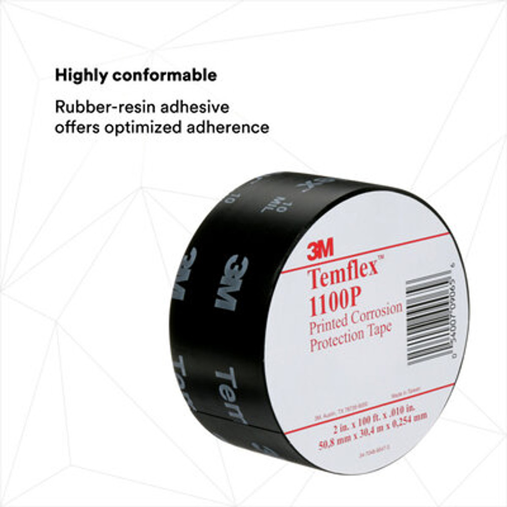 3M Temflex Vinyl Corrosion Protection Tape 1100, 2 in x 100 ft,Printed, Black, 4 rolls/carton, 24 rolls/Case 9065