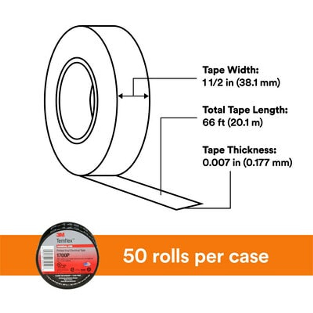 3M Temflex Mining-Grade Vinyl Electrical Tape 1700P, 1-1/2 in x 66 ft,Printed, Black, 1 roll/carton, 50 rolls/Case 60049