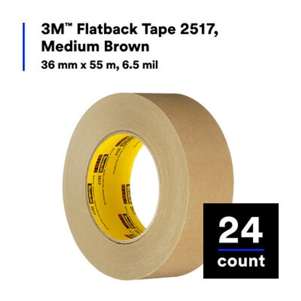 3M Flatback Tape 2517, Medium Brown, 36 mm x 55 m, 6.5 mil, 24 per case 7000088501