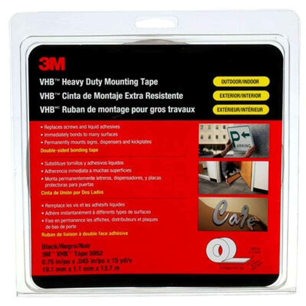 3M VHB Heavy Duty Mounting Tape 5952, Black, 3/4 in x 15 yd, 45 mil,12 rolls per case 25522