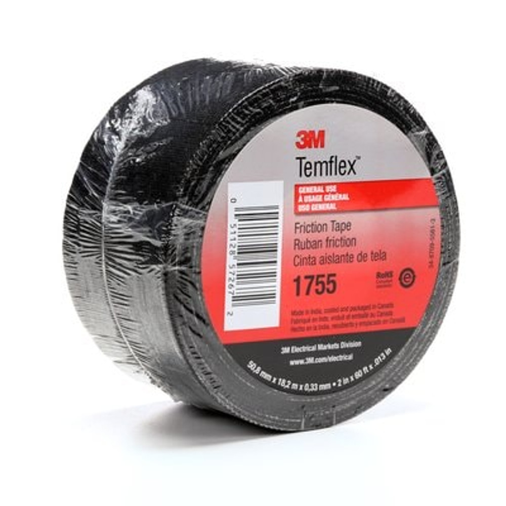 3M Temflex Cotton Friction Tape 1755, 2 in x 60 ft, Black, 30rolls/Case 57267