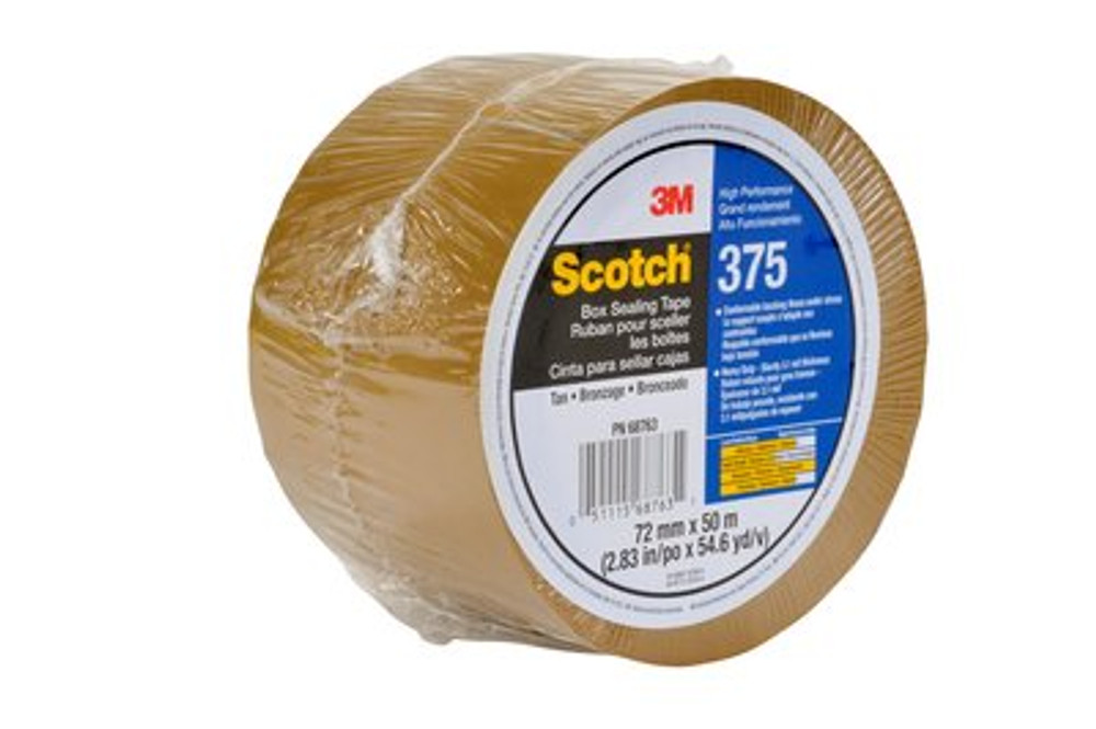Scotch Box Sealing Tape 375, Tan, 72 mm x 50 m, 24 per case,Individually Wrapped Conveniently Packaged 68763