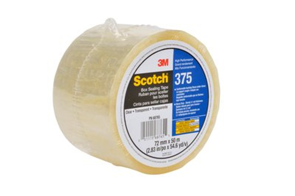 Scotch Box Sealing Tape 375, Clear, 72 mm x 50 m, 24/Case, IndividuallyWrapped Conveniently Packaged 68765