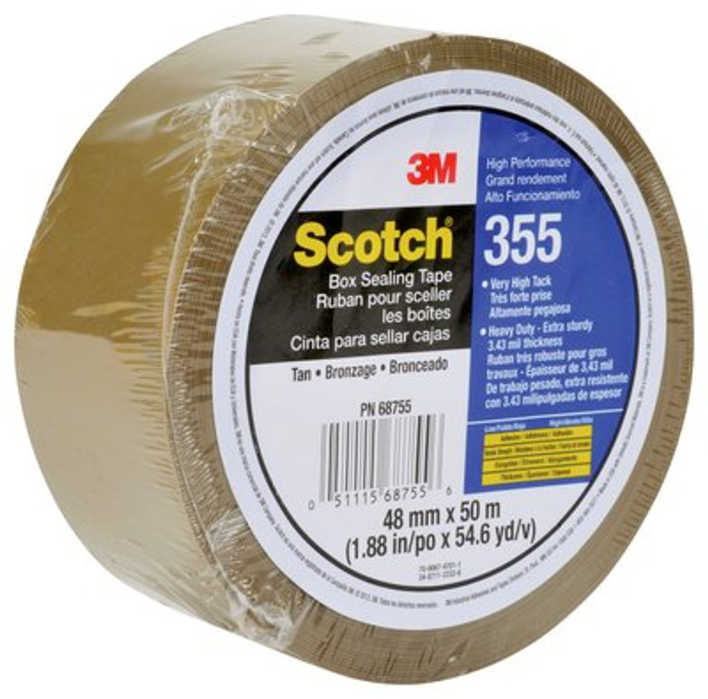 Scotch Box Sealing Tape 355, Tan, 48 mm x 50 m, 36 per case,Individually Wrapped Conveniently Packaged 68755