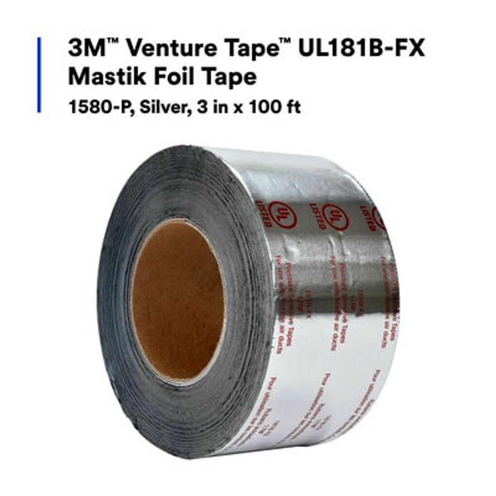 3M Venture Tape UL181B-FX Mastik Foil Tape 1580-P, Silver, 3 in x 100ft, 16 rolls per case 50011