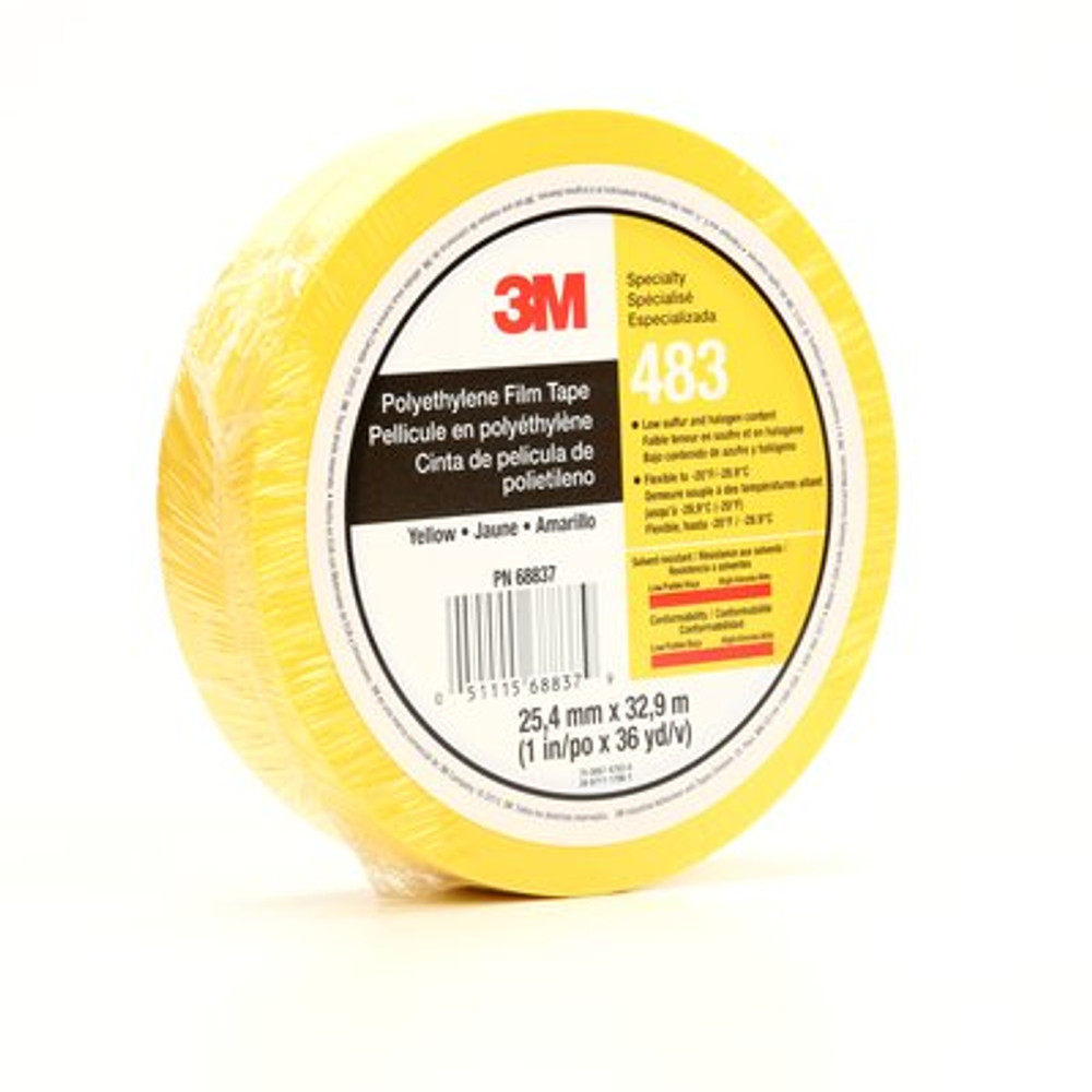 3M Polyethylene Tape 483, Yellow, 1 in x 36 yd, 5.0 mil, 36 rolls percase, Individually Wrapped Conveniently Packaged 68837