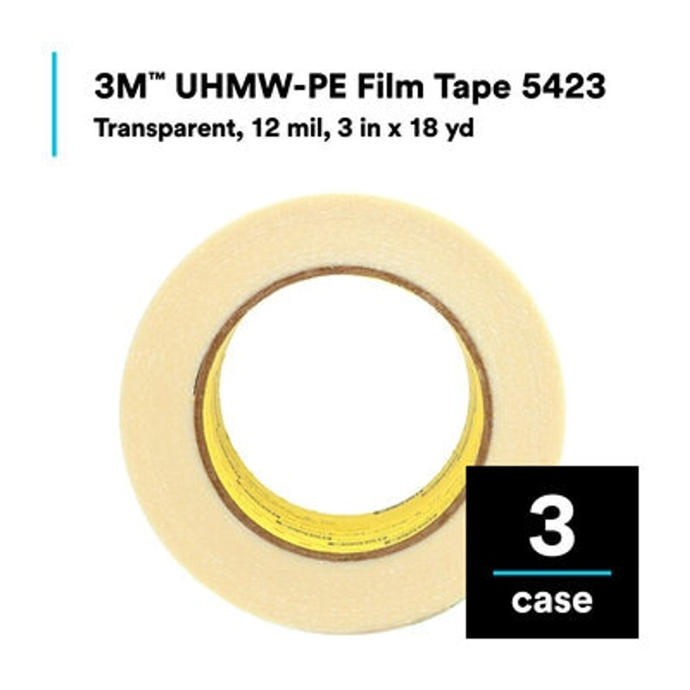 3M UHMW Film Tape 5423, Transparent, 3 in x 18 yd, 12 mil, 3 rolls percase 11992